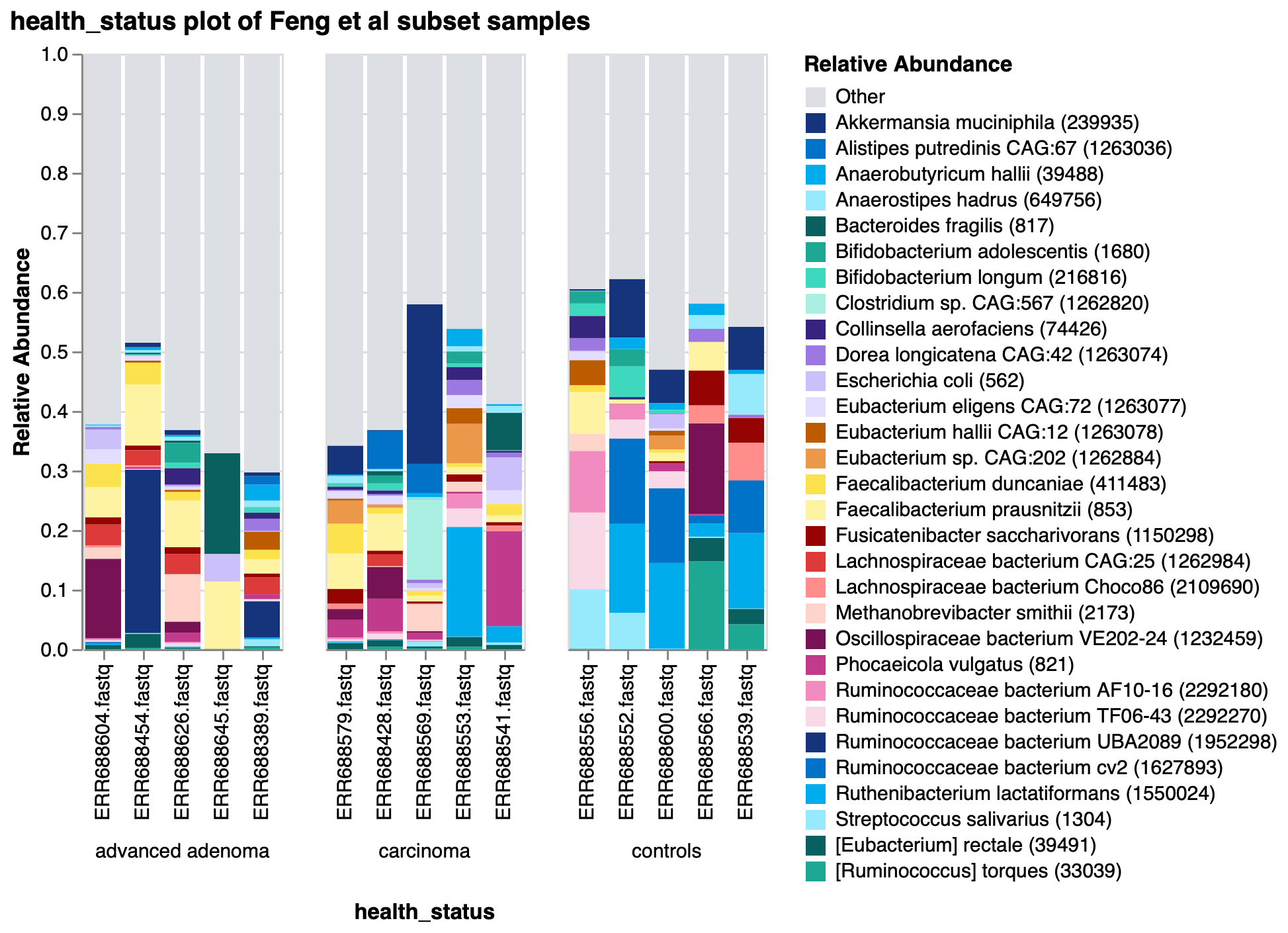 Figure 3: Taxonomic barplot of 30 most abundant species in a subset of Feng et al samples.
