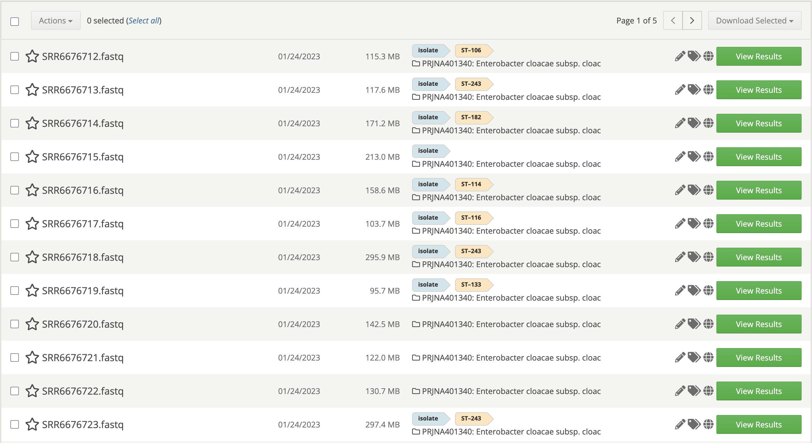 Figure 1. Samples page. Isolate samples are automatically detected and tagged with the appropriate sequence type.